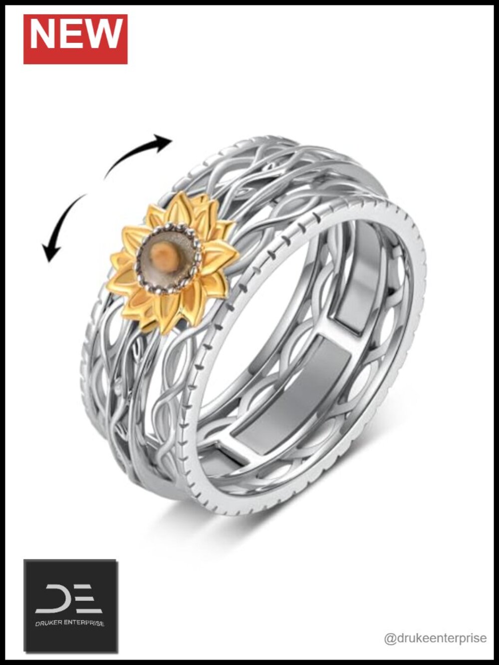 925 Sterling Silver Sunflower Spinner Ring Fidget Ring Women Men